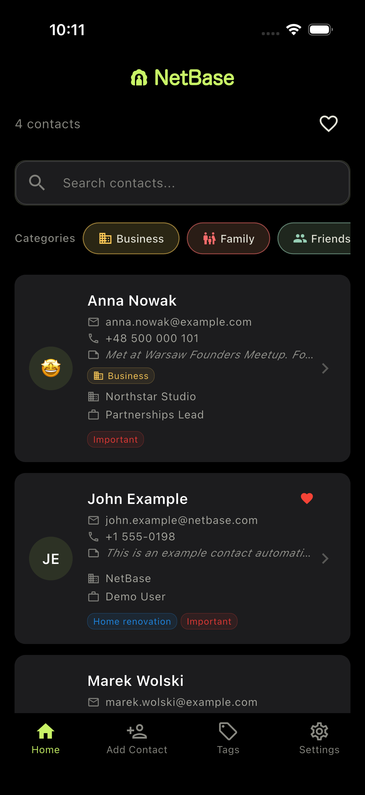 NetBase iOS app showing searchable networking contacts with emoji avatars, categories, and tags